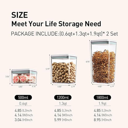 Pop Food Storage Containers Set, 6Pcs Airtight Containers with Lids for Kitchen Pantry Organizers and Storage,One Button Opening BPA-Free Food Containers for Cereal Flour Sugar(0.6, 1.3, 1.9Qt)*2