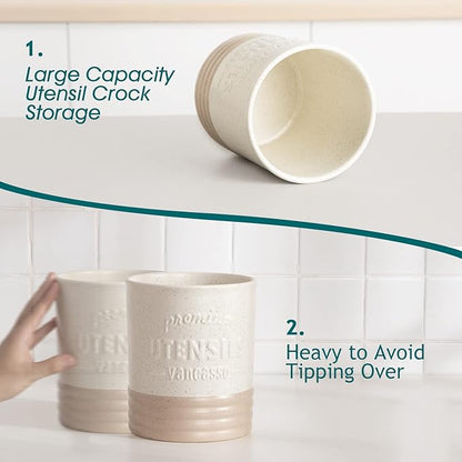 vancasso Sabine Ceramic Utensil Holder for Kitchen Counter, 7.2" Large Utensil Crock, Matte Cream Farmhouse Kitchen Utensil Holder, Countertop Organizer for Spoons, Spatulas and Cooking Tools