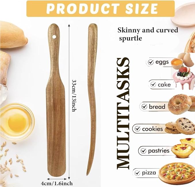 Wooden Kitchen Utensils Set, 4 Pcs Natural Acacia Wood Cooking Tools - Spurtle Set with Spatulas & Cleaning Brush, Non-Scratch for Non-Stick Pans, Safe for Home Cooking