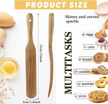 Wooden Kitchen Utensils Set, 4 Pcs Natural Acacia Wood Cooking Tools - Spurtle Set with Spatulas & Cleaning Brush, Non-Scratch for Non-Stick Pans, Safe for Home Cooking