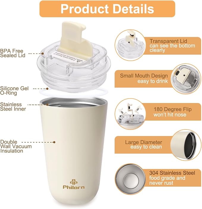 PHILORN Travel Coffee Mug, Coffee Cup-12 OZ Insulated With Lid, White Stainless Steel Coffee Mug with Double Wall, Thermal Cup for Hot & Cold Drinks