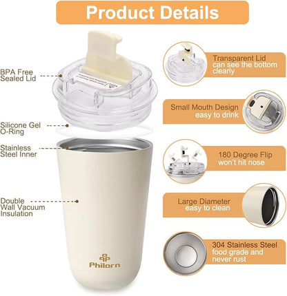 PHILORN Travel Coffee Mug, Coffee Cup-12 OZ Insulated With Lid, White Stainless Steel Coffee Mug with Double Wall, Thermal Cup for Hot & Cold Drinks