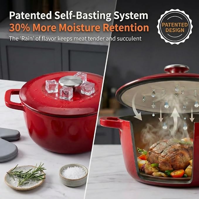 7QT Enamel Cast Iron Dutch Oven with Lid,Dual Handles,Versatile Heavy-Duty Non-toxic Cookware for Sourdough Bread Baking,Braising,Stews,Roasting,Oven Safe up to 500°F red