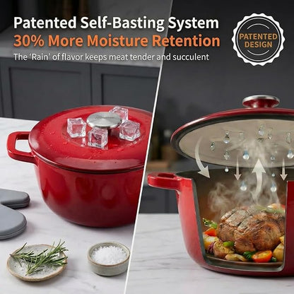 5QT Enamel Cast Iron Dutch Oven with Lid,Dual Handles,Versatile Heavy-Duty Non-toxic Cookware for Sourdough Bread Baking,Braising,Stews,Roasting,Oven Safe up to 500°F red