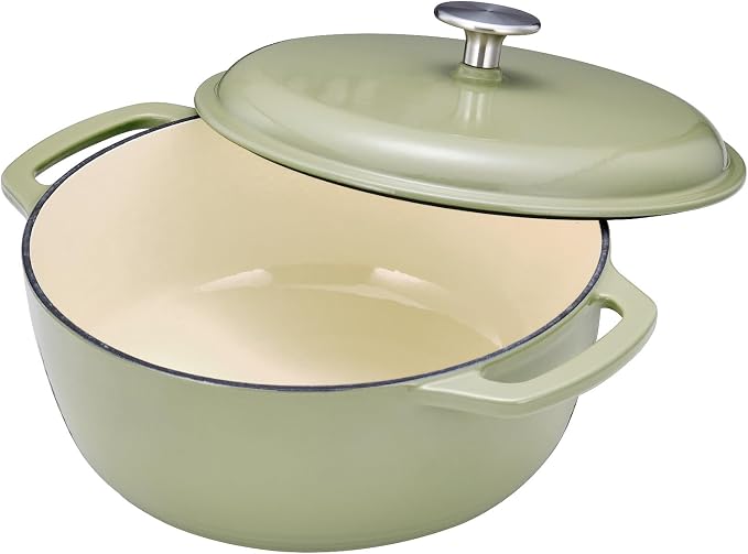 Amazon Basics Cast Iron Dutch Oven Pot with Lid, Enameled, Dual Handles, Round, Heavy-Duty, Small, 4.3-Quart, Olive