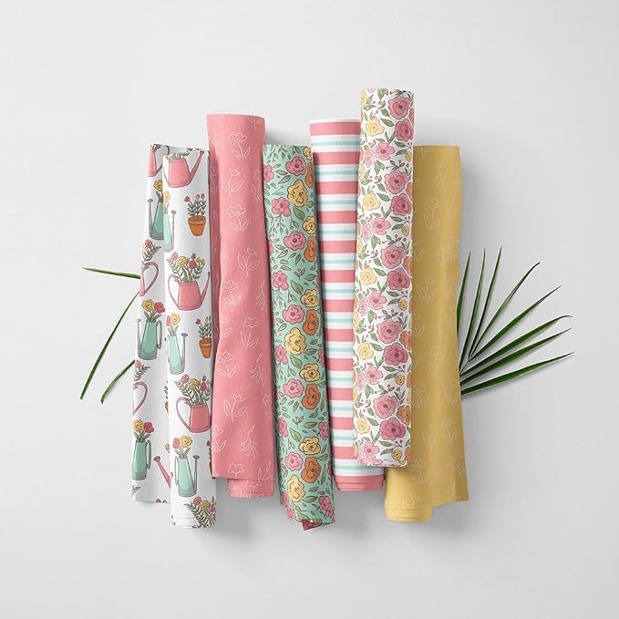 Patchwork Fabric Panel 100x155 cm, 100% Cotton Satin, 6 Coordinated Floral Patterns, Pastel Garden Quilting & Sewing Fabric (Blooming Days, 6pcs 50x50cm)