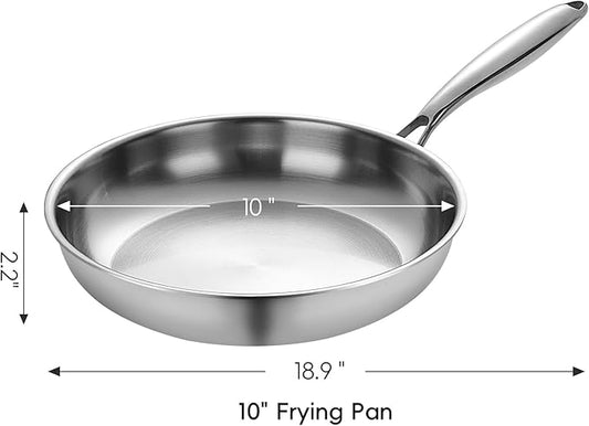 SuperCook 10 Inch Tri-Ply Clad Stainless Steel Frying Pan, Stainless Steel Fry Pan, Stainless Skillet, Non-Toxic, Multiclad, Induction Oven Compatible, Dishwasher Safe