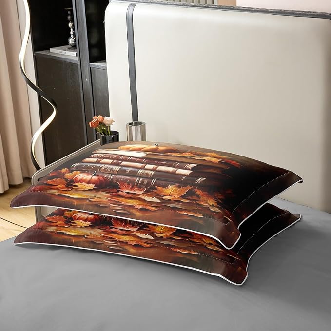 Castle Fairy 100% Natural Cotton Read Book Theme Bedding Set King Size Pumpkin Lantern Maple Duvet Cover Luxury Light Fall Style Plants Comforter Cover (No Comforter)