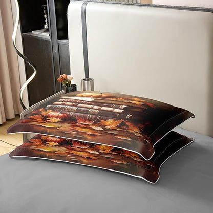 Full Size Duvet Cover Set Read Book Theme 100% Pure Cotton Bedding Set Pumpkin Lantern Maple Comforter Cover 3 PCS Fall Style Plants Quilt Cover Luxury Soft,Comforter Not Included