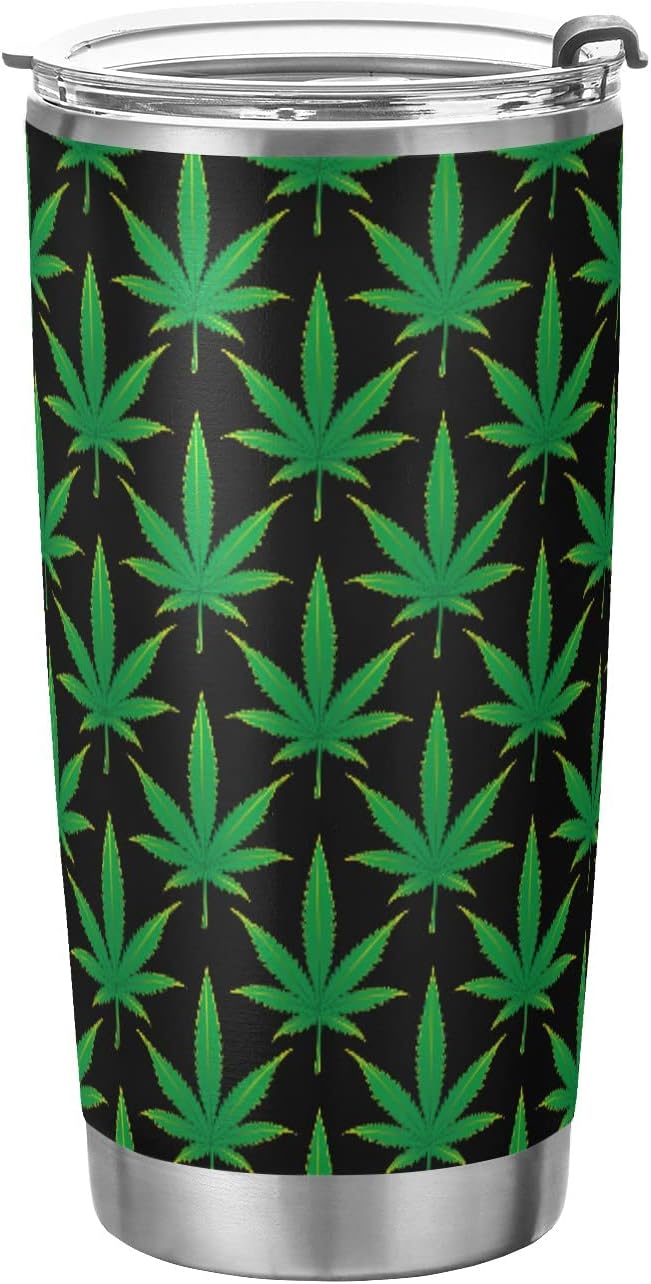 Tumbler Green Marijuana Leaves Insulated Coffee Cup Beverage Container Travel Mug with Straw and Lid Double Wall Stainless Steel 20oz Office, Back to School