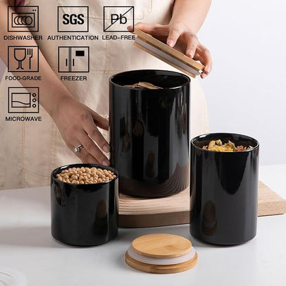 Sweejar Ceramic canisters for kitchen counter,Stackable Food Containers Set with Airtight Seal Bamboo Lid for Serving Ground Coffee, Tea, Spice, Flour and Sugar-Set of 3 (Black)