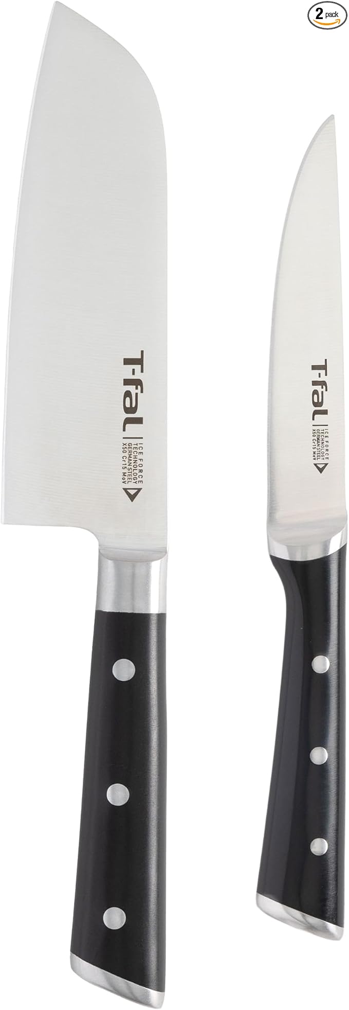 T-Fal Ice Force German Stainless Steel Santoku Knife, Utility knife 2 Piece, Long Lasting Sharpness, High Cutting Precision, Superior Durability, Ultra Sharp, Cookware Kitchen Knife, Cook Tool, Black