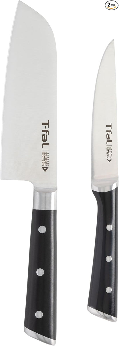 T-Fal Ice Force German Stainless Steel Santoku Knife, Utility knife 2 Piece, Long Lasting Sharpness, High Cutting Precision, Superior Durability, Ultra Sharp, Cookware Kitchen Knife, Cook Tool, Black