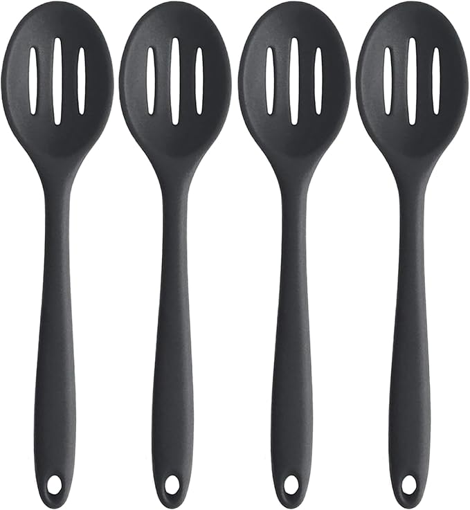 Linwnil 4 Pieces Silicone Slotted Spoons,10.6 Inch Nonstick Mixing Serving Spoons for Kitchen Cooking Bake Stir Draining Tool (4, Black)