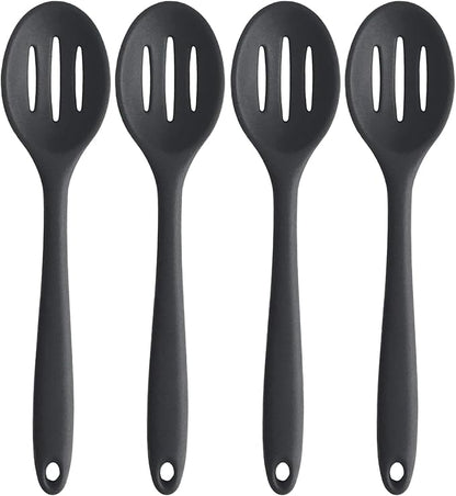 Linwnil 4 Pieces Silicone Slotted Spoons,10.6 Inch Nonstick Mixing Serving Spoons for Kitchen Cooking Bake Stir Draining Tool (4, Black)