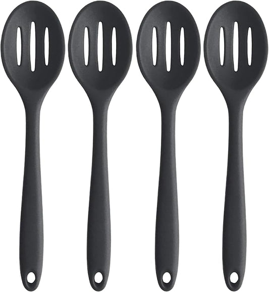 Linwnil 4 Pieces Silicone Slotted Spoons,10.6 Inch Nonstick Mixing Serving Spoons for Kitchen Cooking Bake Stir Draining Tool (4, Black)