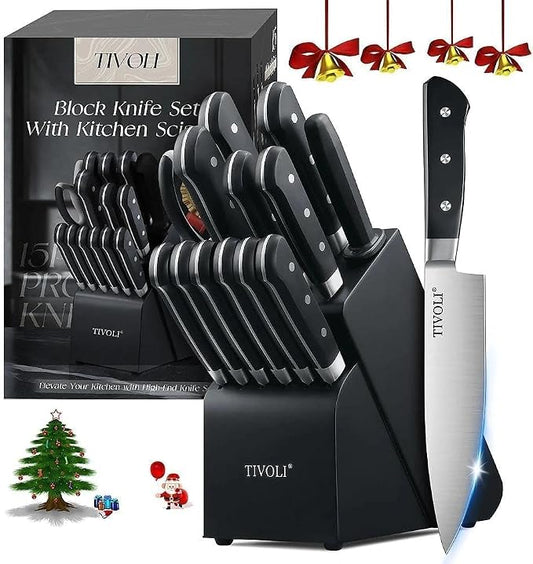 TIVOLI 2025 Knife Set 15 PCS High Carbon Stainless Steel Kitchen Knife Sets with Block & Honing Rod, Premium Razor-Sharp Black Knives Block Set for Kitchen, Ergonomic Full-Tang Handle