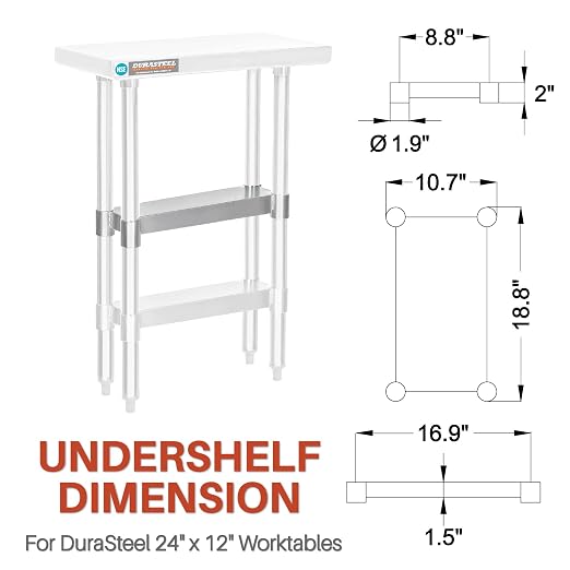 DuraSteel Galvanized Under Shelf for Work Tables - Extra Adjustable Lower Shelf for 24" x 12" Stainless Steel and Wooden Worktables - Fits for use in Restaurant, Warehouse, Home, Kitchen, Garage