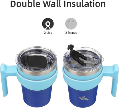 Konokyo 10 oz Tumbler with Handle and 2 Straw 2 Lid, Insulated Water Bottle Stainless Steel Vacuum Cup Reusable Travel Mug,Sky