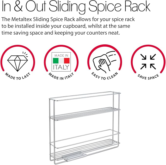 Metaltex in & Out Sliding Spice Rack – Kitchen Storage Rack for Seasonings and Condiments - Polytherm Metallic, 28 x 22 x 6 Centimeters