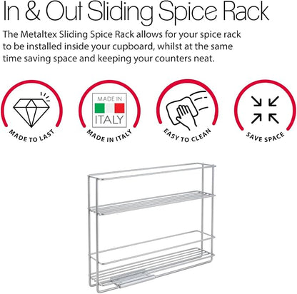 Metaltex in & Out Sliding Spice Rack – Kitchen Storage Rack for Seasonings and Condiments - Polytherm Metallic, 28 x 22 x 6 Centimeters