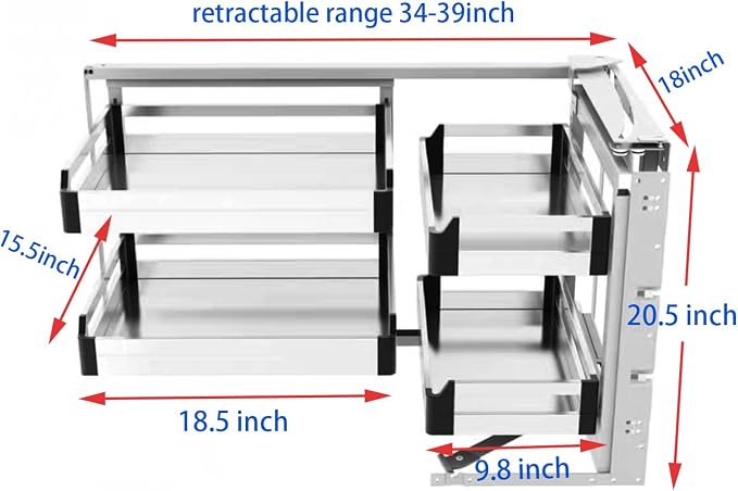Gdrasuya10 2 Tier Blind Corner Cabinet Pull Out Organizer, 4 Shelf Corner Pull Out Cabinet Steel Slide Out Kitchen Cornér Cabinet Organizer Shelf for 15" Right Opening Door
