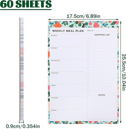 60 Sheet Meal Planner for Fridge, Magnetic Weekly Meal Planner & Grocery List with Tear-off Shopping List for Meal Prep, 7x10''-Flower Design