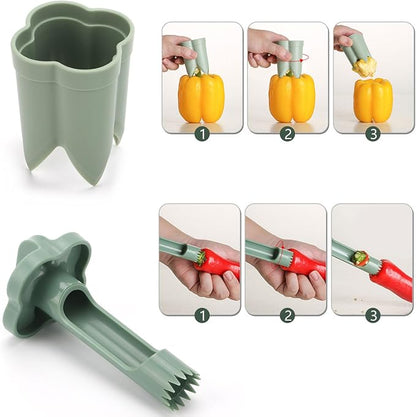 4 PCS Pepper Corer, Upgrade 2 in 1 Pepper Seed Corer Remover Tool Bell Pepper Cutter, Beige Green