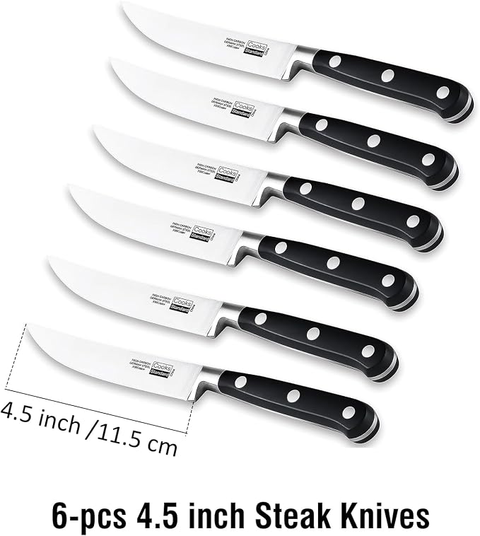 Cooks Standard Classic Cutlery Steak Knives Set, High Carbon Stainless Steel, Ergonomic Handle, 6-Piece, Black