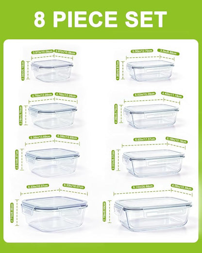 Glass Food Storage Containers with Airtight Lids, 12/8 Piece Set, Leak Proof Bento Boxes, Includes Measuring Spoons (8, GREY)