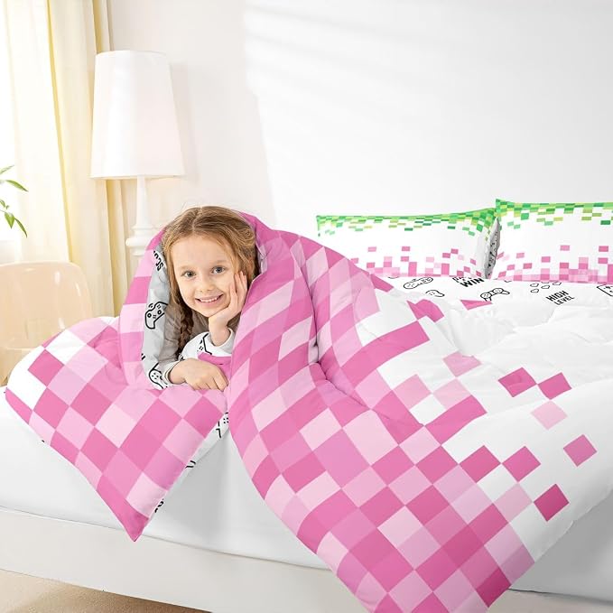 Manfei Pixelated Style Bedding Set King Size,Geometric Camouflage Grid Comforter Set with 2 Pillowcases,Video Games Bed Quilt,Pink Green Quilt Sets Home Decor,Women Men Birthday Gift