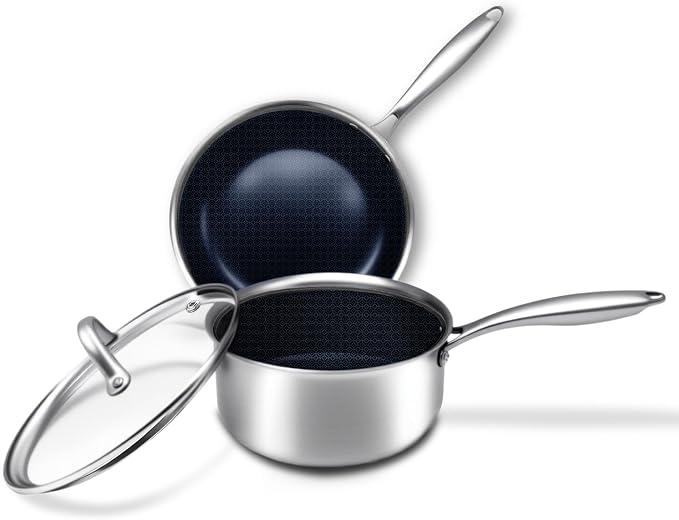 BRASA 3PCS pot and pan set,nonstick cookware set,stainless steel pan set,Ceramic coating,Compatible Gas,Induction Dishwasher safe (PFOS, PFOA Free) 1.5QT saucepan and 7.87in frying pan set