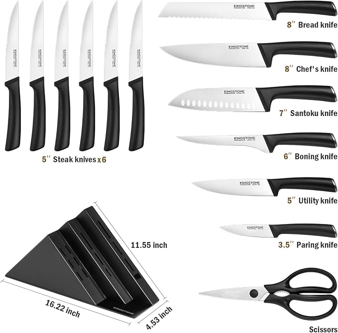 KINGSTONE 14-Piece Kitchen Knife Set with Block, High-Carbon Stainless Steel Knives Set, Ergonomic Non-Slip Handle, Professional Knife Set for Kitchen for Home Cooking & Gifting, Black