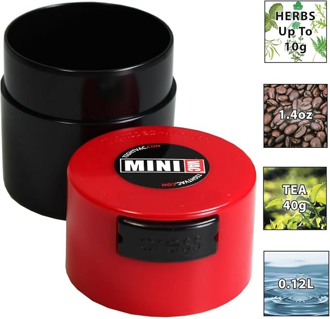 Minivac - 10g to 30 grams Airtight Multi-Use Vacuum Seal Portable Storage Container for Dry Goods, Food, and Herbs - Red Cap & Black Body
