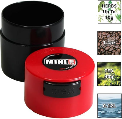 Minivac - 10g to 30 grams Airtight Multi-Use Vacuum Seal Portable Storage Container for Dry Goods, Food, and Herbs - Red Cap & Black Body