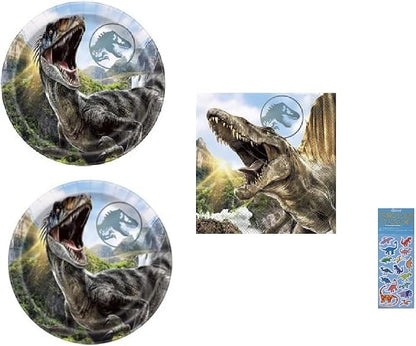 Unique Jurassic World Birthday Party Supplies Bundle Pack includes 16 Dessert Cake Paper Plates, 16 Napkins