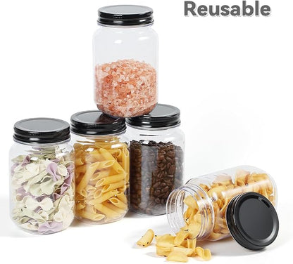 16 OZ Mason Jars Plastic Clear Storage Containers with Lids Empty Refillable Airtight Container for Home Kitchen (Black, 24 Pack)