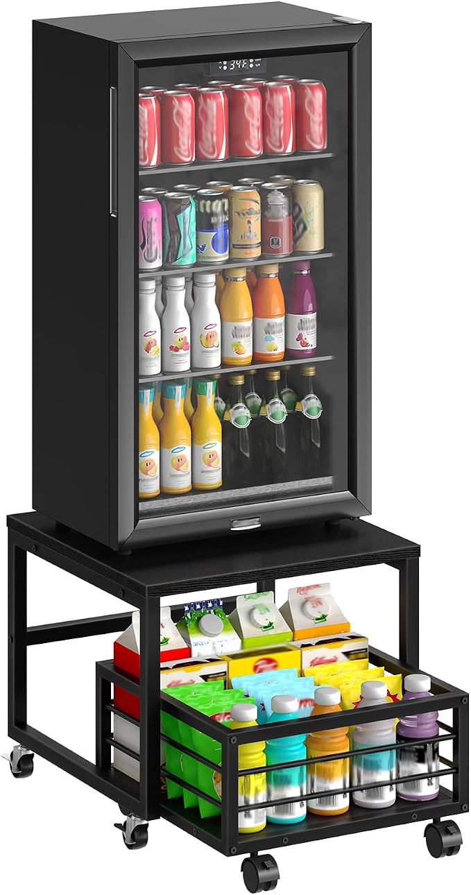 HOOBRO End Table, Mini Fridge Stand with Storage, Mini Fridge Table with Wheels and Adjustable Feet, Sturdy Metal Frame, for Living Room, Bedroom, Office, Black BB155TL01