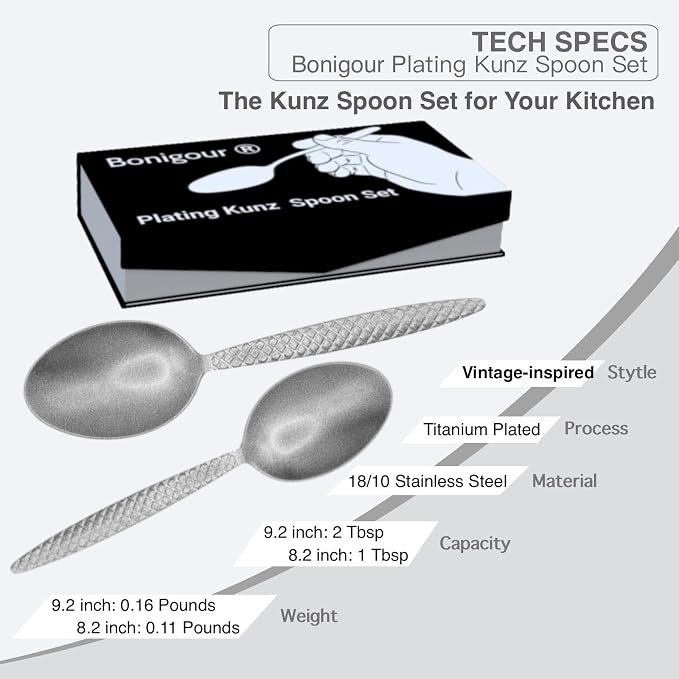 Kunz Spoons - Professional Chef Spoon Set for Basting, Plating, Quenelle, Serving, Sauces| Vintage-inspired 8" & 9" Spoon Set| Culinary Plating Tools with Non-Slip Grip (Matte Silver)