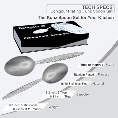Kunz Spoons - Professional Chef Spoon Set for Basting, Plating, Quenelle, Serving, Sauces| Vintage-inspired 8" & 9" Spoon Set| Culinary Plating Tools with Non-Slip Grip (Matte Silver)