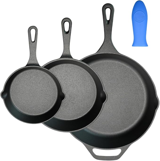 Cast Iron Skillet 3-Piece Set, Heavy-Duty Professional Restaurant Chef Pre-Seasoned Cookware Set, 6", 8", 10" Pans with Silicone Hot Handle Holder For Frying, Saute, Cooking, Oven, Grill