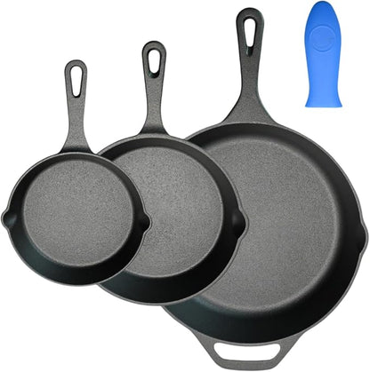 Cast Iron Skillet 3-Piece Set, Heavy-Duty Professional Restaurant Chef Pre-Seasoned Cookware Set, 6", 8", 10" Pans with Silicone Hot Handle Holder For Frying, Saute, Cooking, Oven, Grill