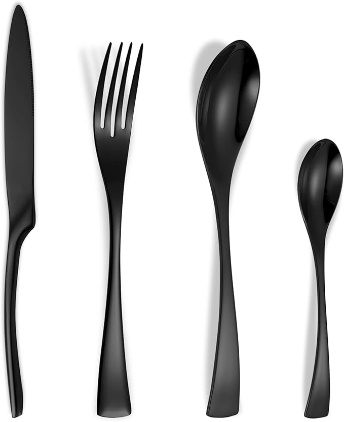 Lemeya 24 Pieces Black Silverware Set for 6,Heavy Duty 18/10 Stainless Steel Flatware Set with Forged Stand Knife,Modern Cutlery Utensil Set,Mirror Polished,Dishwasher Safe