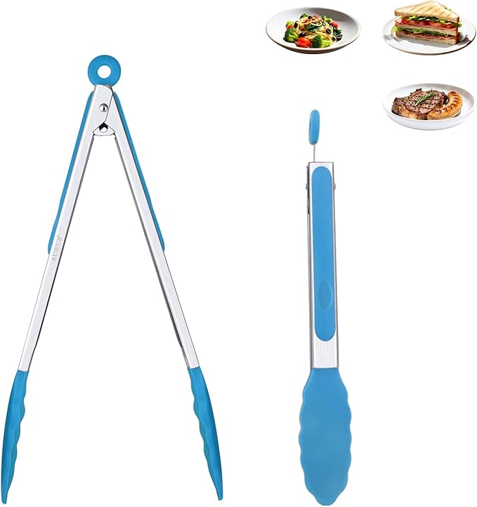 9+12 Inch Blue Salad Tongs 2-Piece Set, Silicone with 304 Stainless Steel Core & Non-Slip Grip, Kitchen Utensils for Grilling Salad