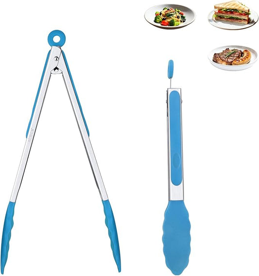 9+12 Inch Blue Salad Tongs 2-Piece Set, Silicone with 304 Stainless Steel Core & Non-Slip Grip, Kitchen Utensils for Grilling Salad