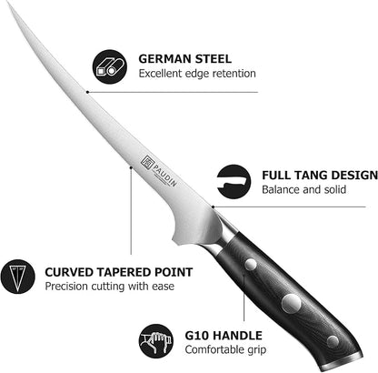 PAUDIN Fillet Knife, 7" Flexible Boning Knives with G10 Handle, Dishwasher Safe High Carbon German Steel Fish Knife for Meat Trimming, Deboning & Skinning,Professional Holiday BBQ Cooking Gift for Men
