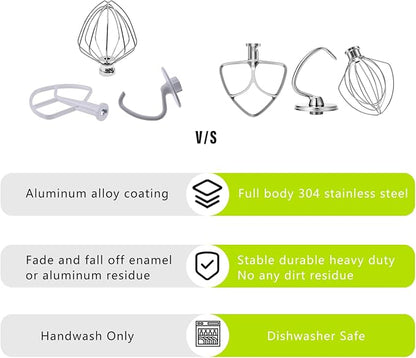 Stainless Steel Stand Mixer Attachments 3-Piece for KitchenAid 4.5-5 Qt Tilt Head Stand Mixer. Includes 6 Wire Whisk, Flat Beater, Dough Hook for KitchenAid 4.5-5 Qt Mixer Bowl