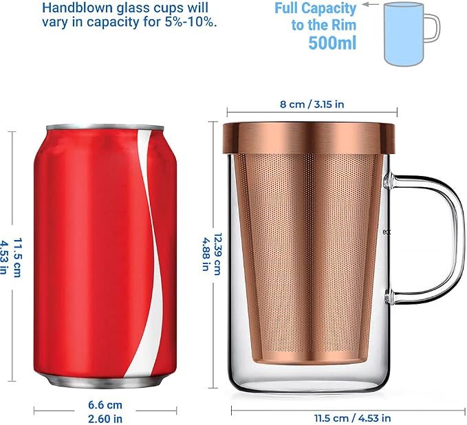 ecooe Tea Infuser Mug 16.9oz Glass Tea Cup with Removable Stainless Steel Infuser and Lid, Clear Glass Tea Cup 500ml Teacup for Loose Leaf Tea, Birthday for Parents Dad Mum Friends (Bronze)