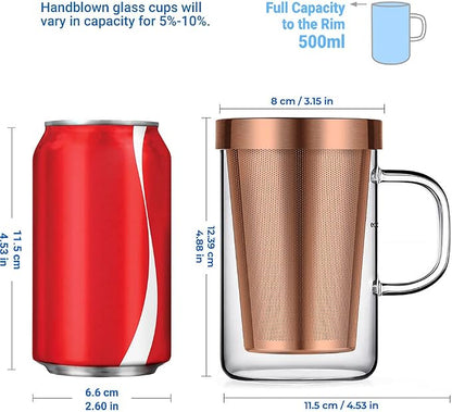 ecooe Tea Infuser Mug 16.9oz Glass Tea Cup with Removable Stainless Steel Infuser and Lid, Clear Glass Tea Cup 500ml Teacup for Loose Leaf Tea, Birthday for Parents Dad Mum Friends (Bronze)