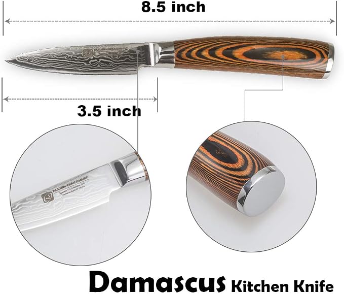 Damascus Paring Knife 3.5" - Professional 67-Layer VG10 Steel, Ultra Sharp 12° Edge Kitchen Utility Knife with Pakkawood Handle & Gift Box for Peeling, Slicing, Garnishing, Fruit Vegetable Prep